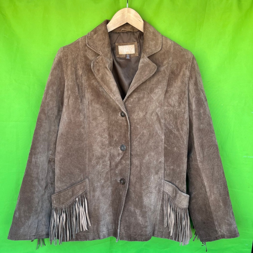Esprit Brown Suede Leather Fringe Western Jacket Womens Large Vintage Boho Coat